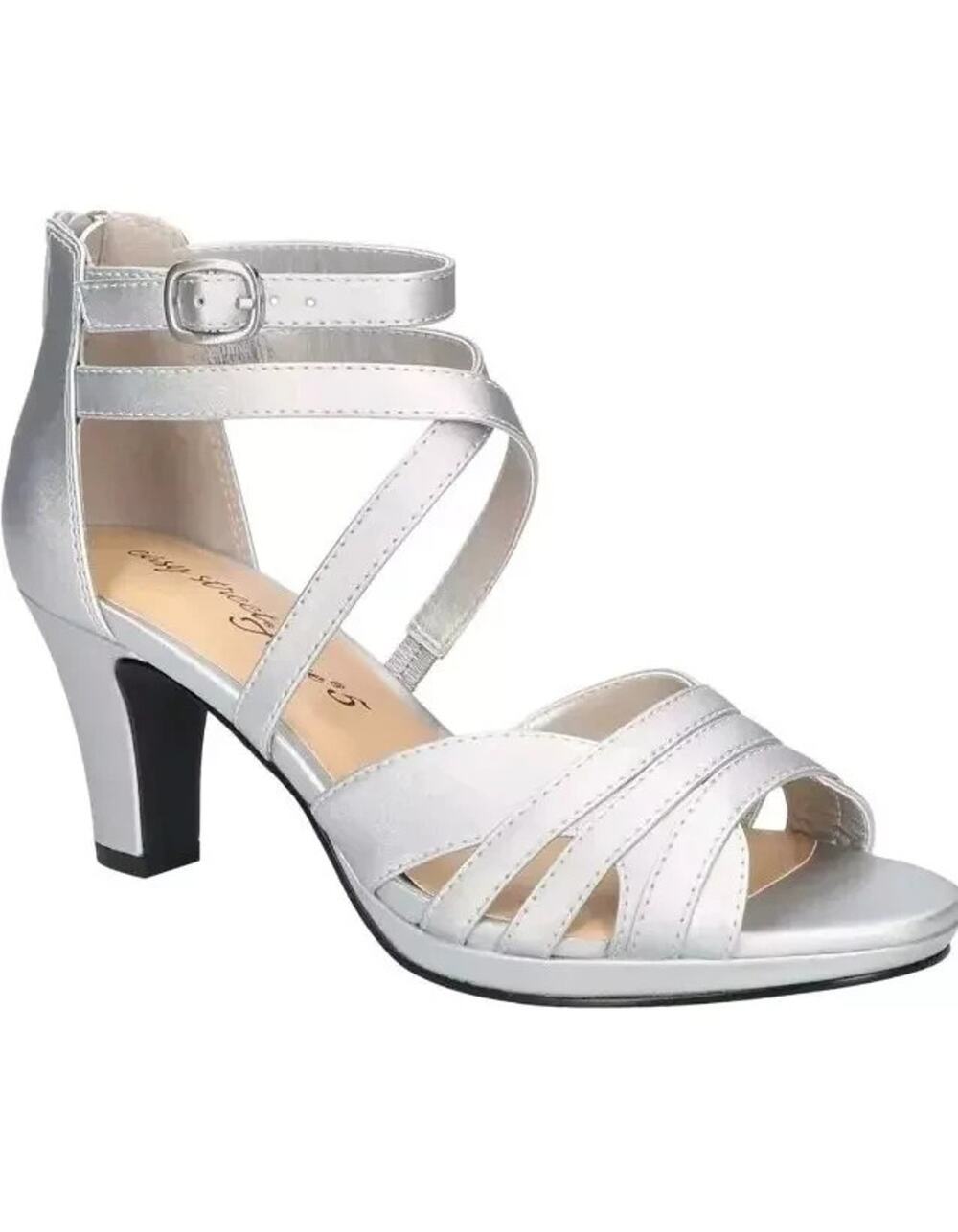 Easy Street Womens Crissa Silver Satin Ankle Strap Casual Heels Shoes 8 WW